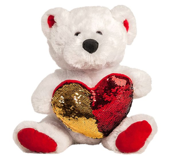 Oso Corazón Lentejuelas 32cm Blanco